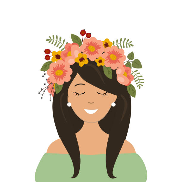 Portrait of a cute girl in a decorative floral wreath on her head vector art illustration