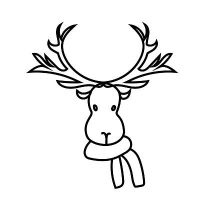 portrait of a deer with antlers in a scarf. doodle freehand drawn line vector