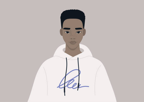 ein porträt eines schönen teenager männlichen schwarzen charakter trägt eine box fade frisur, modernen lebensstil - afro amerikanischer herkunft stock-grafiken, -clipart, -cartoons und -symbole