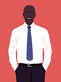 Portrait of a happy African man wearing in an office white shirt and necktie. Vector flat illustration.