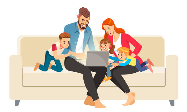 ilustrações, clipart, desenhos animados e ícones de retrato de uma família alegre que usa um portátil que senta-se no sofá em casa. ilustração do vetor no estilo dos desenhos animados. - happy family