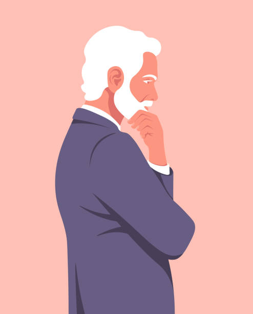 ilustrações de stock, clip art, desenhos animados e ícones de portrait of a pensive man in profile. an elderly businessman is meditating. problems in business. - grandparents vertical