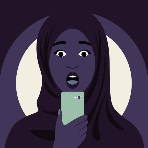Portrait of a shocked African muslim woman who opened her mouth in surprise. Shocked African muslim woman looks into her smartphone. Portrait of a student who opened her mouth in surprise. Vector flat illustration fomo stock illustrations
