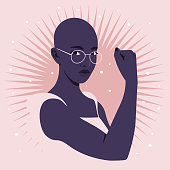 Portrait of a strong African woman showing her arm and muscles. A hand gesture. Women’s rights and diversity. Avatar for social media. Vector illustration in flat style
