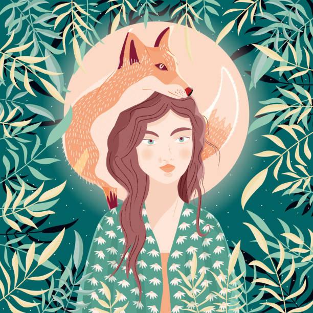 Portrait of a woman and a fox on her shoulder. Night scene with moon and stars. Wild animal and girl in nature. Colorful hand drawn vector illustration. vector art illustration
