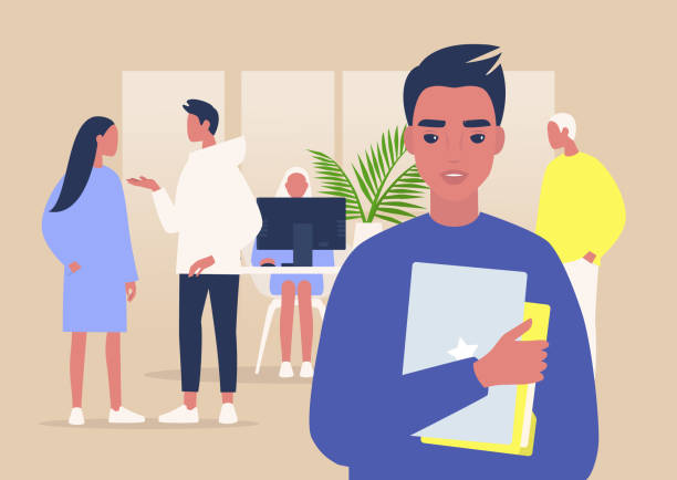 A portrait of a young male manager holding a laptop and folders, a group of coworkers on background, daily office life A portrait of a young male manager holding a laptop and folders, a group of coworkers on background, daily office life marketing silhouettes stock illustrations