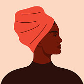 Portrait of an African American woman in profile. Avatar of young black girl with turban. Vector illustration