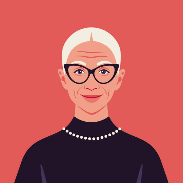 Portrait of an elderly woman with eyeglasses. Avatar of a smiling grandmother. Portrait of an elderly woman with eyeglasses. Avatar of a smiling grandmother. A fashion model. Diversity. Vector flat illustration woman portrait stock illustrations