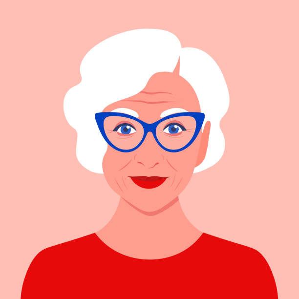 Portrait of an old woman with eyeglasses. Avatar. Happy old age. Portrait of an old woman with eyeglasses. Avatar fashionable pensioner. Happy old age. Vector flat illustration cartoon of a wrinkled old lady stock illustrations