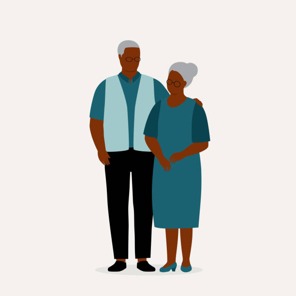 illustrations, cliparts, dessins animés et icônes de portrait d’un couple de personnes âgées noires. - senior portrait fullbody