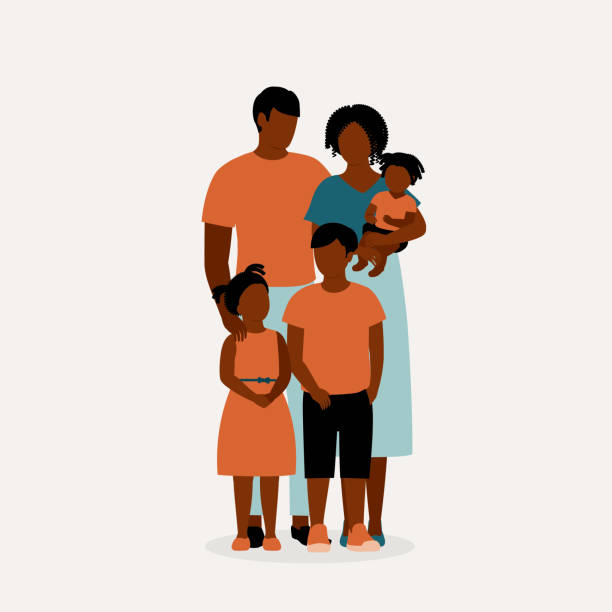 Portrait Of Black Family. Portrait Of Black Family Standing Together. Full Length, Isolated On Solid Color Background. Vector, Illustration, Flat Design, Character. family clipart stock illustrations