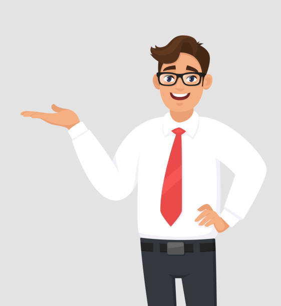 ilustrações de stock, clip art, desenhos animados e ícones de portrait of businessman showing/pointing hand to copy space side away, hand on hip, concept of advertisement product or introduce something. man shows presenting gesture or sign. cartoon illustration. - man pointing