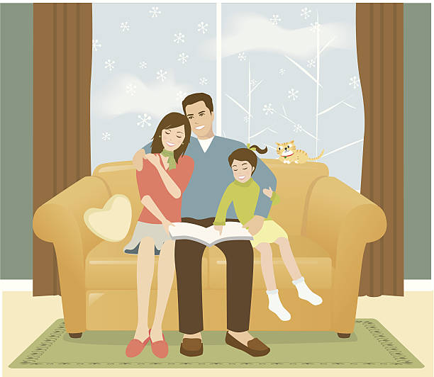 портрет семейного чтения на диване - смотреть в объектив stock illustrations