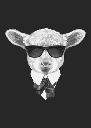 Portrait of Lamb in suit. Hand-drawn illustration. Vector isolated elements.