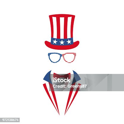 istock Portrait of man in glasses, tuxedo and hat of Uncle Sam. National holiday in United States of America Independence Day. Vector illustration. 972138674