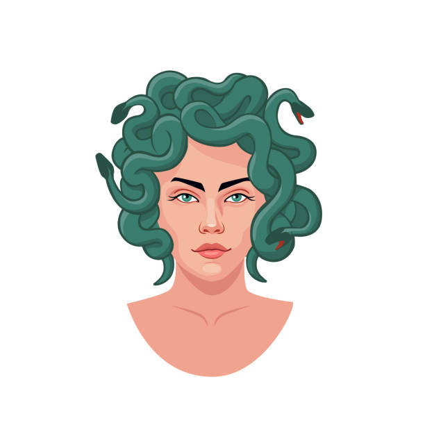 美杜莎格貢的肖像與綠色蛇頭髮向量圖形插圖 - medusa 幅插畫檔、美工圖案、卡通及圖標