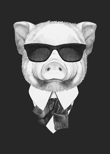 Portrait of Pig in suit. Hand-drawn illustration. Vector isolated elements.