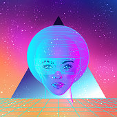 Futuristic synth wave style. Retroparty  flyer template. Portrait of a young pretty androgynous woman with short shaved pixie undercut in retro futurism style. Vector illustration in neon bright color