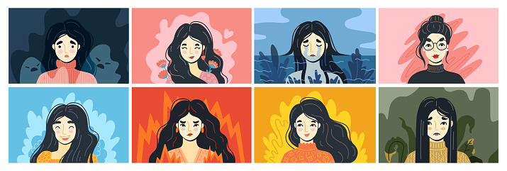 Various avatars of young woman. Depression, anger, sadness, joy, fear.