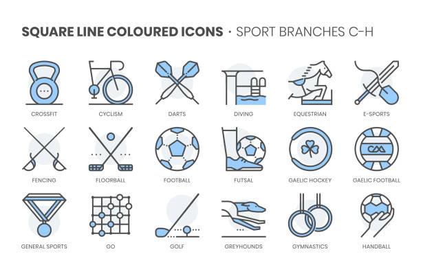 ilustrações de stock, clip art, desenhos animados e ícones de ports related, square line color vector icon set - futsal