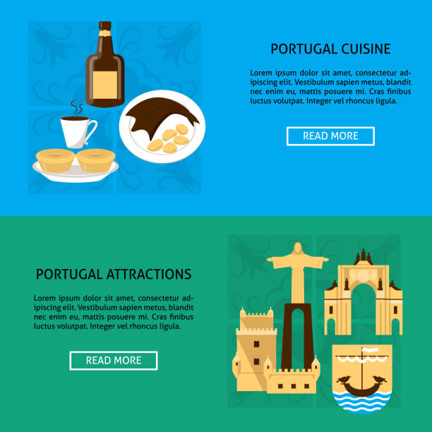 ilustrações de stock, clip art, desenhos animados e ícones de portugal architecture and cuisine banner templates in flat style - pastel de nata