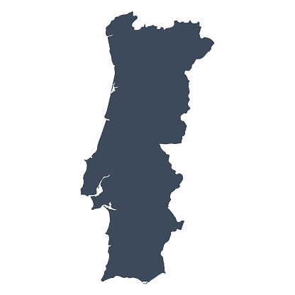 A graphic illustrated vector image showing the outline of the country Portugal . The outline of the country is filled with a dark navy blue colour and is on a plain white background. The border of the country is a detailed path. 