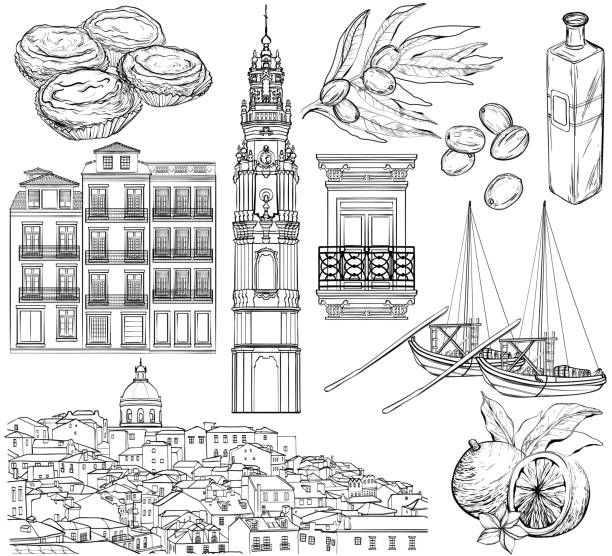 ilustrações de stock, clip art, desenhos animados e ícones de portugal drawings set. vector illustration - oporto