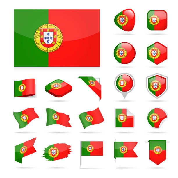 португалия - флаг икона глянцевый векторный набор - portugal stock illustrations
