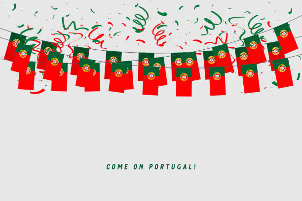 ilustrações de stock, clip art, desenhos animados e ícones de portugal garland flag with confetti on gray background, hang bunting for portugal celebration template banner. - portugal flag stadium