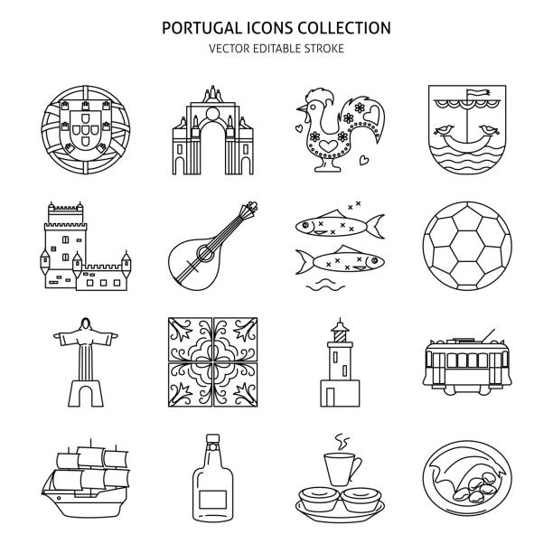 ilustrações de stock, clip art, desenhos animados e ícones de portugal icons set in thin line style - oporto