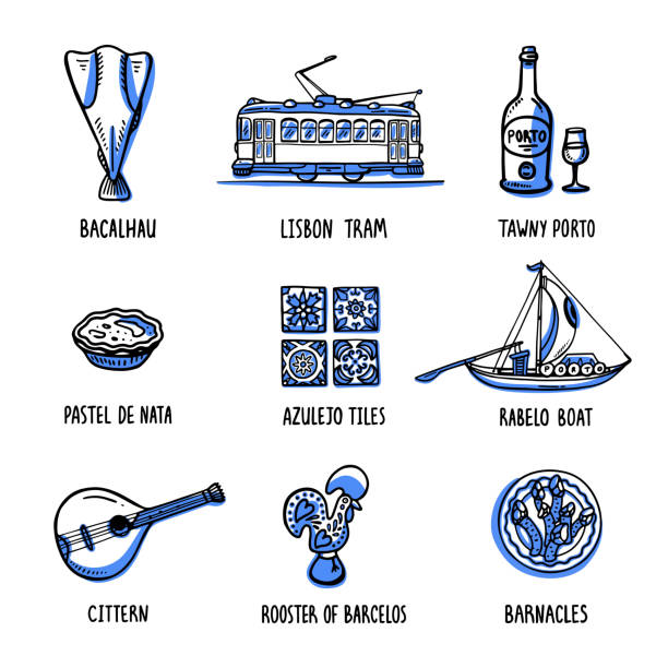 ilustrações de stock, clip art, desenhos animados e ícones de portugal landmarks set. symbols of portugal. handdrawn sketch style vector illustration - oporto