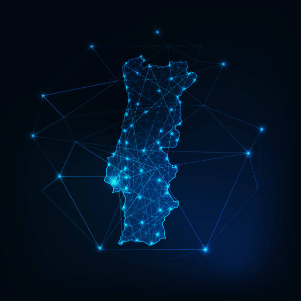 ilustrações de stock, clip art, desenhos animados e ícones de portugal map outline with stars and lines abstract framework. communication, connection concept. - portugal