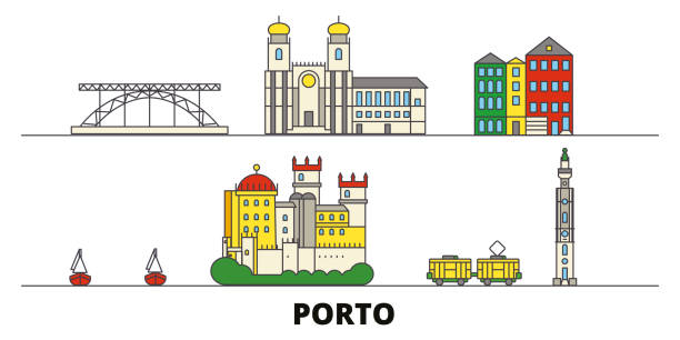 ilustrações de stock, clip art, desenhos animados e ícones de portugal, porto flat landmarks vector illustration. portugal, porto line city with famous travel sights, skyline, design. - oporto