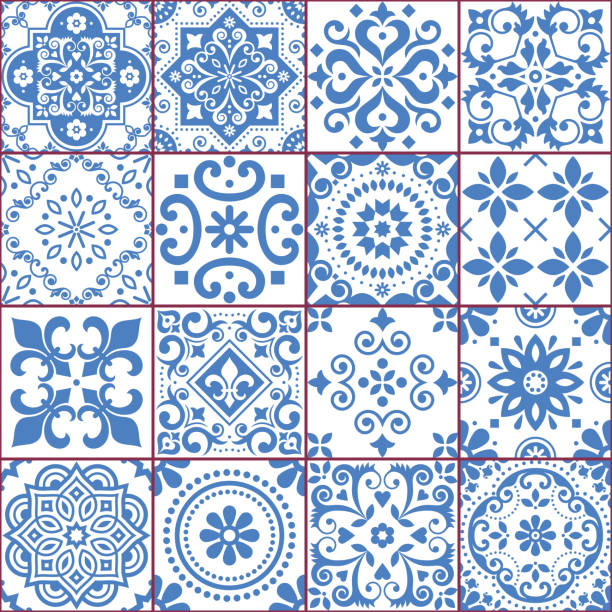 Portuguese and Spanish azulejo tiles seamless vector pattern collection in blue and white, traditional floral design big set inspired by tile art from Portugal and Spain Elegant retro wallpaper or fabric print decorative background, geometric and floral ornament portuguese culture stock illustrations