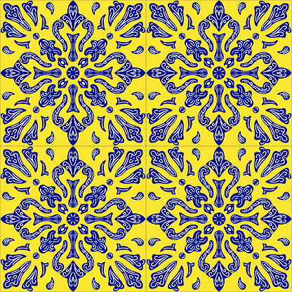 Portuguese Azulejo Tiles. Watercolor Hand Painted Navy Blue and Yellow Tile. Seamless Moroccan Ceramic Pattern. Vector tile pattern, Lisbon Arabic Floral Mosaic, Mediterranean Seamless Navy Blue Ornament.