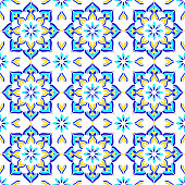 istock Portuguese Azulejo Tiles. Watercolor Hand Painted Navy Blue and Yellow Tile. Seamless Moroccan Ceramic Pattern. Vector tile pattern, Lisbon Arabic Floral Mosaic, Mediterranean Seamless Navy Blue Ornament. 1337607332
