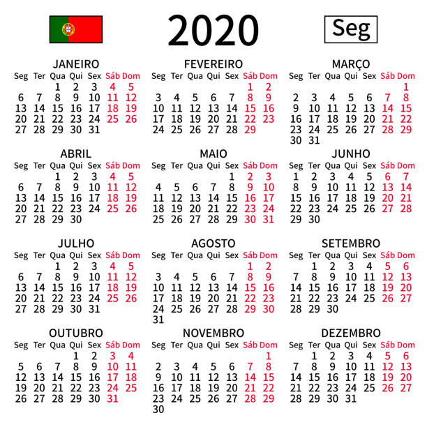 Portuguese calendar 2020, Monday vector art illustration