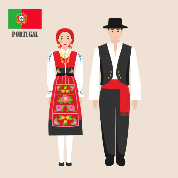 ilustrações de stock, clip art, desenhos animados e ícones de portuguese in national dress with a flag - people portugal