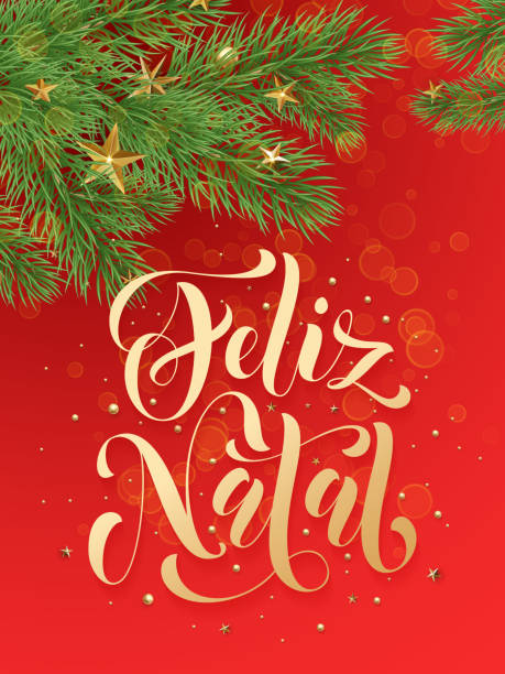 Portuguese Merry Christmas Feliz Natal greeting card decoration red background Feliz Natal portuguese Merry Christmas text greeting calligraphy lettering. Decorative red background with golden Christmas ornament decorations of gold stars balls and Christmas tree branches portuguese culture stock illustrations