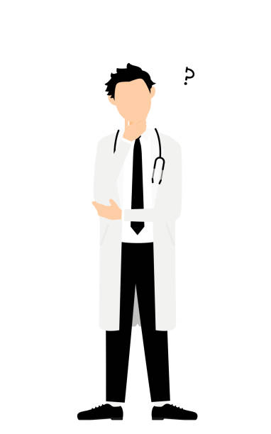 Pose of male doctor in white coat with crossed arms and questioning Pose of male doctor in white coat with crossed arms and questioning survey clipart stock illustrations