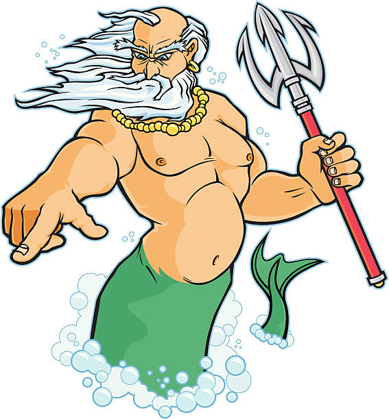Poseidon (Neptune) - God of the Sea Poseidon, Greek God of the Sea, holds his trident while commanding his creatures. Includes high resolution jpeg. merman stock illustrations