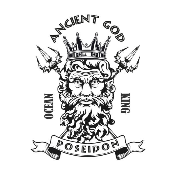Poseidon head emblem design Poseidon head emblem design. Monochrome element with god of sea in crown, tridents in circles vector illustration with text. Sailing or Greek mythology concept for symbols and labels templates neptune roman god stock illustrations