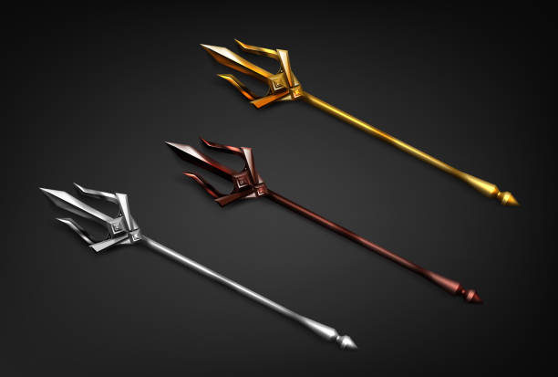Poseidon tridents, marine God Neptune weapons set Poseidon tridents, marine God Neptune weapon of gold, silver and bronze colors. Sharp pitchforks decorated with ornamental forgery. Isolated forks on black background. Realistic 3d vector illustration trident spear stock illustrations