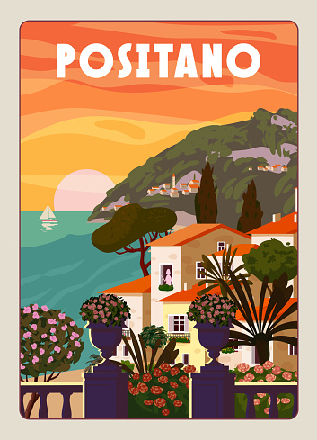 Positano Coast Italy, mediterranean romantic landscape, mountains, seaside town, sea. Retro poster travel