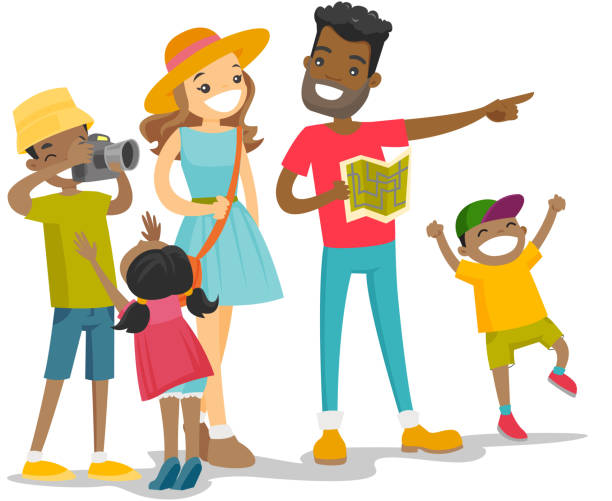 Positive multiracial family traveling together Positive multiracial parents with three biracial kids traveling together. Traveling family checking a direction on a paper map and taking picture on the camera. Vector isolated cartoon illustration. tourist photos stock illustrations