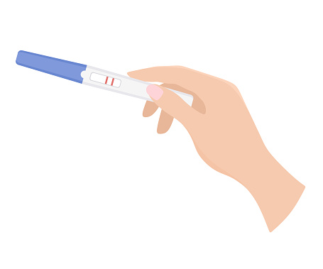 Positive pregnancy test in the hand. Vector illustration in cartoon flat style.