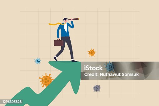 istock Post pandemic vision, economic outlook after Coronavirus COVID-19 crisis concept, smart businessman standing on upward rising growth graph using telescope to see the way forward with virus pathogen. 1296305828