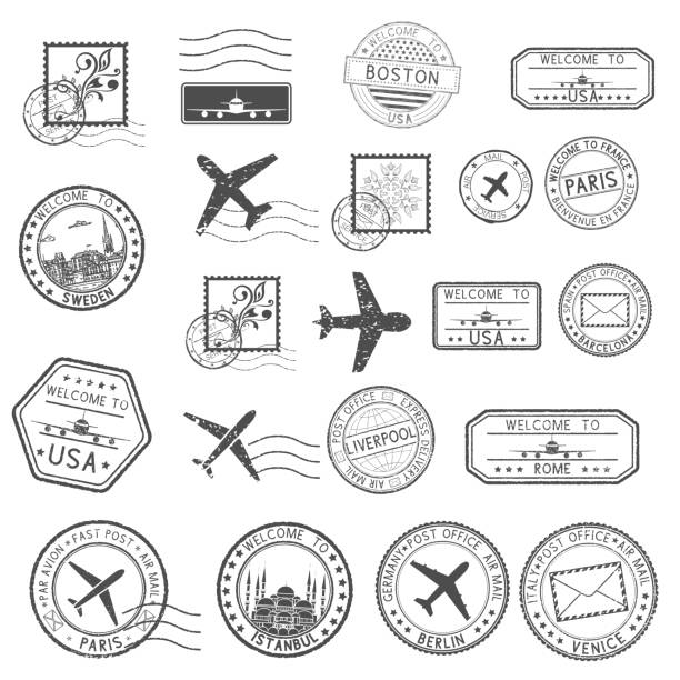 post-briefmarken. satz von schwarz poststempel und reisen willkommen briefmarken - briefmarke stock-grafiken, -clipart, -cartoons und -symbole