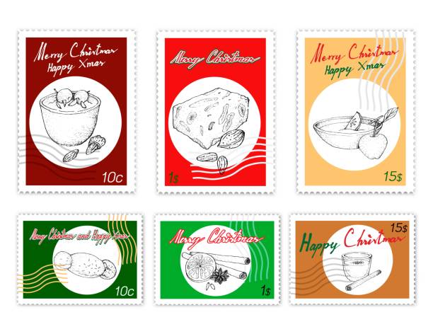 Post Stamps Set of Delicious Christmas Desserts Merry Xmas, Post Stamps Set of Illustration Hand Drawn Sketch of Cougnou or Bread of Jesus, Torrone or Nougat, Wassail, Eggnog, Risalamande, Star Anise and Cinnamon Sticks with Dried Orange. eggnog stock illustrations
