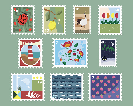 Post stamps with animals and plants cartoon illustration set